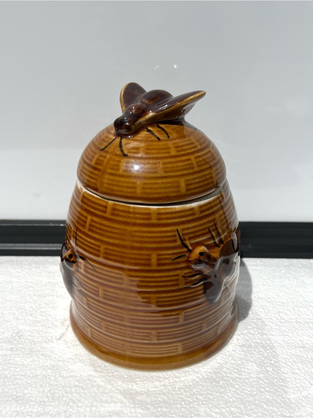 Vintage Bee Hive Honey Pot Jar Large Brown Ceramic with Lid Farmhouse Decor